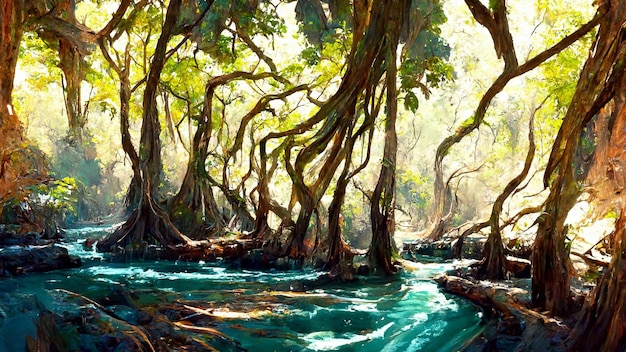 Wald Maya-Stil Baum Fluss 3D-Darstellung