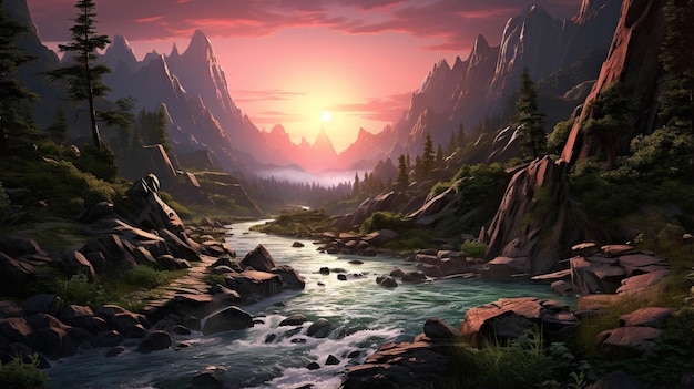 Wald mit Berg, hochauflösende Fotografie, kreatives Hintergrundbild
