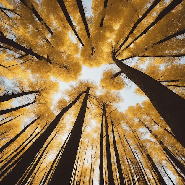 Wald mit hoch aufragenden Bäumen, die nach dem grenzenlosen blauen Himmel streben, dem bezaubernden Paradies der Natur