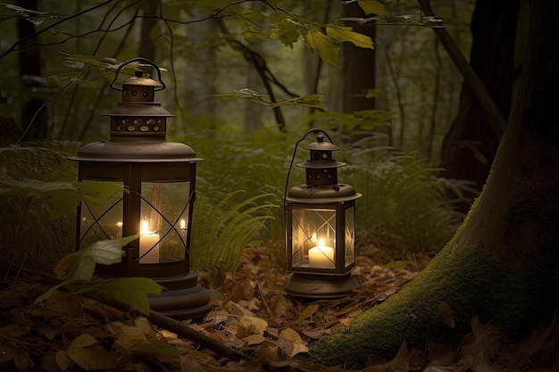 Wald mit Laterne und Kerzenlicht schafft eine ruhige Umgebung, geschaffen mit generativer KI