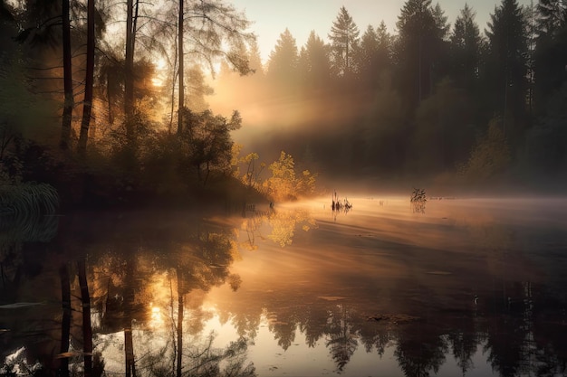 Wald mit nebligem Morgensonnenaufgang mit Reflexion auf dem Wasser, erzeugt mit generativer KI