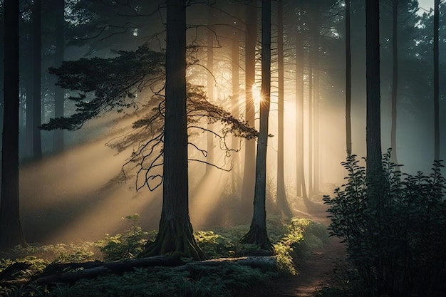 Wald mit nebligem Morgensonnenlicht, das durch die Bäume bricht