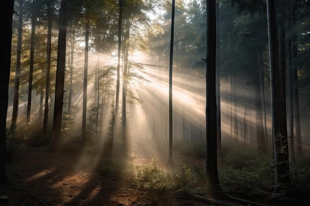 Wald mit nebligem Nebel und Sonne, die durch die Bäume schaut, geschaffen mit generativer KI