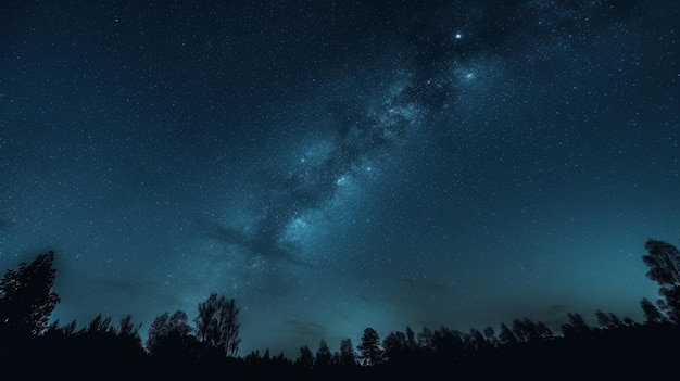 Wald vor dem Nachthimmel oder Sternenfeld bei Nacht Hintergrund von Silhouetten von Bäumen generative KI