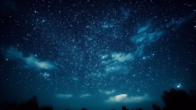 Wald vor dem Nachthimmel oder Sternenfeld bei Nacht Hintergrund von Silhouetten von Bäumen generative KI