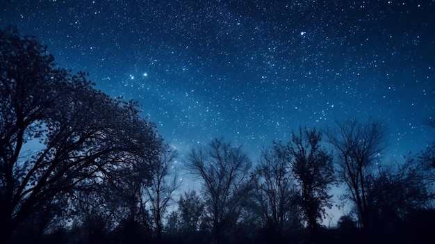 Wald vor dem Nachthimmel oder Sternenfeld bei Nacht Hintergrund von Silhouetten von Bäumen generative KI