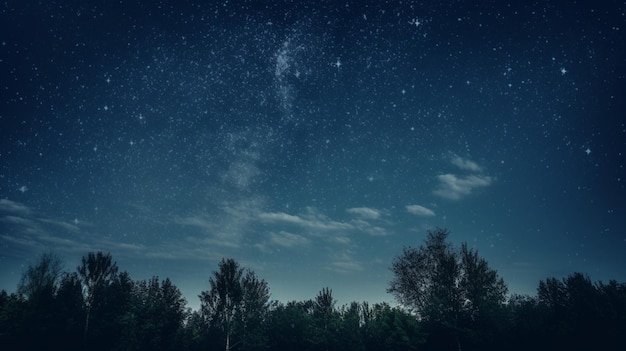 Wald vor dem Nachthimmel oder Sternenfeld bei Nacht Hintergrund von Silhouetten von Bäumen generative KI