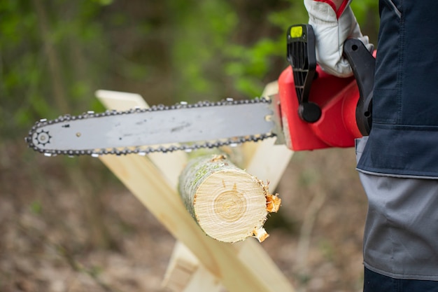 Foto waldarbeiter in schutzhandschuhen sägt baumstamm mit der kettensäge