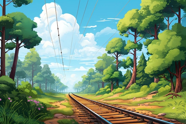 Waldbäume entlang einer Eisenbahn an einem Sommertag Generative Ai