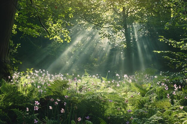 Waldboden mit Sonnenstrahlen, die durch die Bäume filtern