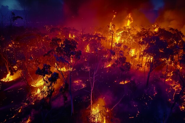 Waldbrand brennt Waldbäume ökologische Katastrophe Rauch Luftansicht aus dem Hubschrauber Gefahr
