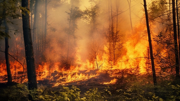 Waldbrand im Wald Verbrennen von Bäumen im Wald mit KI generiert