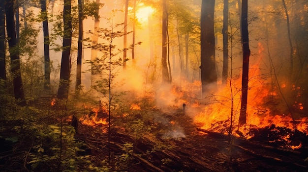 Foto waldbrand im wald verbrennen von bäumen im wald mit ki generiert