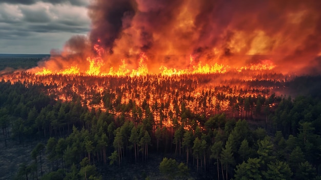 Waldfeuer aus der Sicht von Vögeln Feuer und schwarzer Rauch in der Garrigue