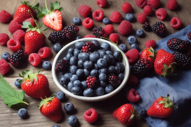 Waldfrüchte, Himbeeren, Erdbeeren und Heidelbeeren in Schalen auf einem Küchentisch Ai generativ