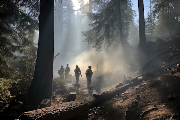 Foto waldgebiet mit rauch und generativer ki der feuerwehrleute