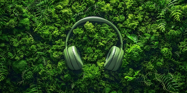 Waldgrünes Moos in Form von Kopfhörern, das umweltfreundliches Podcasting oder Musik für Naturliebhaber symbolisiert Konzept Umweltfreundliche Podcasts Naturinspirierte Musik Nachhaltige Audioproduktion