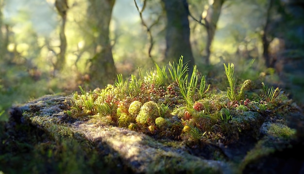 Waldlandschaft mit Laubbäumen, Moos auf den Stämmen, Steinen, Gras und Sonnenflecken auf dem Boden