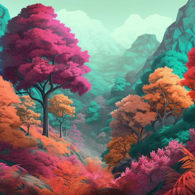Waldleben Künstlerische Darstellung von laubreichen Bergbäumen