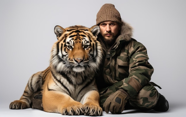 Foto waldmann in warmer kleidung mit seinem haustier tiger isoliert auf weißem hintergrund