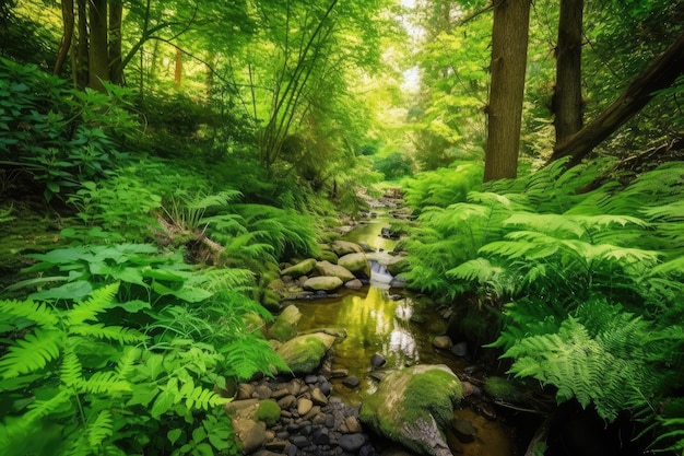 Waldoase mit ruhigem Bach, umgeben von üppigem Grün