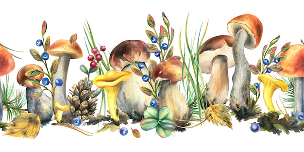 Waldpilze Boletus chanterelles und Blaubeeren Lingonbeeren Zweige Kegelblätter Aquarell-Illustration handgezeichneter nahtloser Rand auf weißem Hintergrund