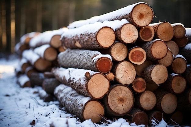 Waldschnee Stapel von geschnittenen Kiefernstämmen im Winter