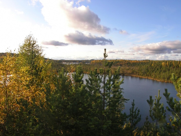 Waldsee vor dem Hintergrund von Felsenbäumen und einem bewölkten Himmel Republik Karelien