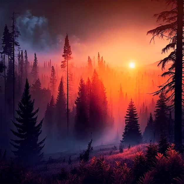 Waldsonnenuntergang oder -sonnenaufganglandschaftshintergrund