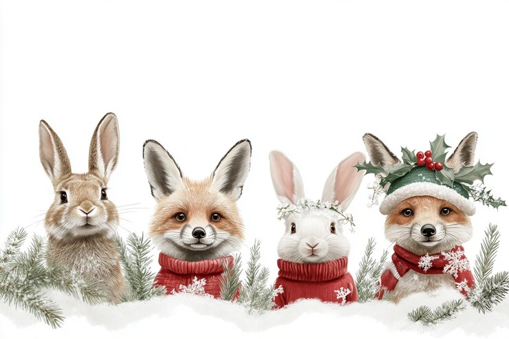 Waldtiere Fuchs Hase Bär in Weihnachtskleidung