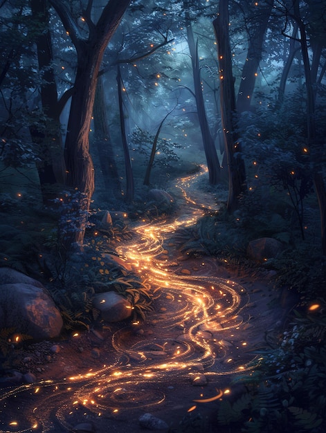 Waldweg in der Dämmerung, beleuchtet von Glühwürmchen. Ihre Lichtspuren schaffen ein magisches Ambiente durch Bäume.