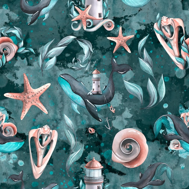 Wale Leuchtturm Muscheln Anker Algen und Seesterne auf dem Hintergrund von Wasserflecken und Spritzern Aquarellillustration Nahtloses Muster aus einer großen Sammlung von WALEN