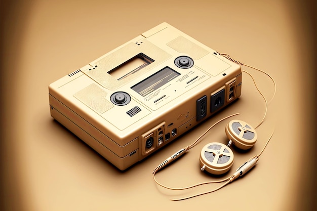 Walkman con auriculares y reproductor de cassette sobre fondo marrón claro