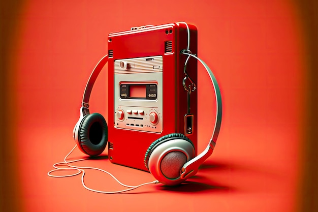 Walkman retrô na moda com fones de ouvido em fundo vermelho