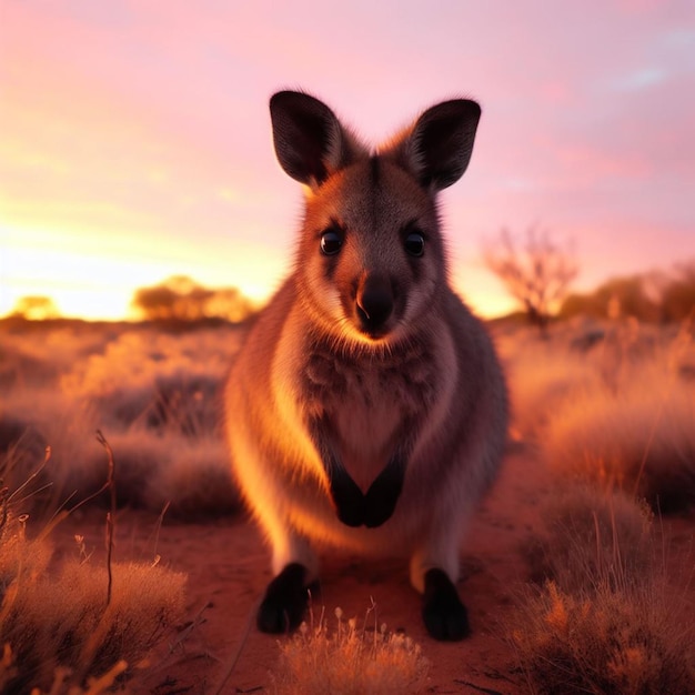 Foto wallaby bonito de pé no pôr-do-sol do interior ai gerar