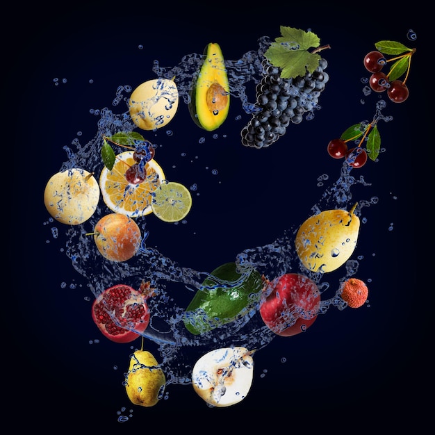 Wallpaper Panorama mit Früchten im Wasser Weintrauben Kirschen Granatäpfel Avocados Birnen Litschi Energie und Lebhaftigkeit