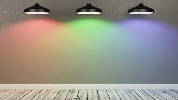 Wand eines leeren Raumes beleuchtet von RGB-Lichtlampen