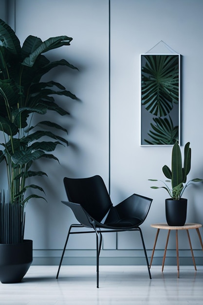 Wand im zeitgenössischen Interieur Stuhl und einige Pflanzen auf dem Boden Geraden Winkel Fotografie