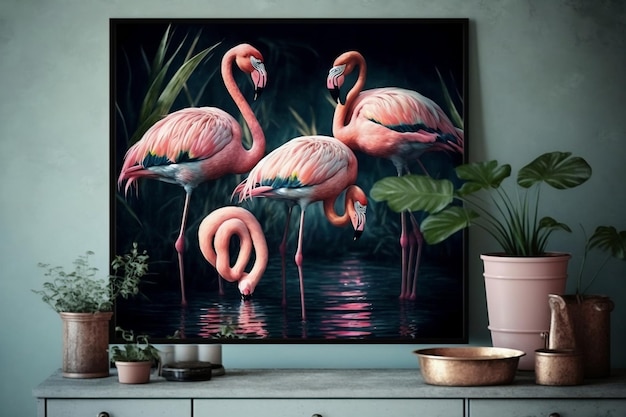 Wand-Kunst-Dekor mit rosa Flamingos in einem Teich, generative KI