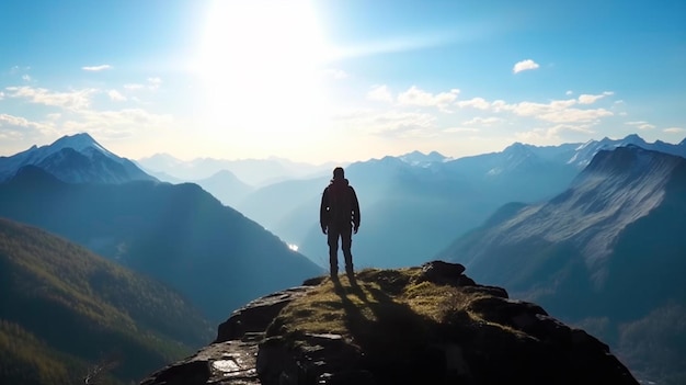 Wanderer auf dem Gipfel eines Berges mit atemberaubender Aussicht auf die Silhouette der Klippen und die Tallandschaft. Generative KI