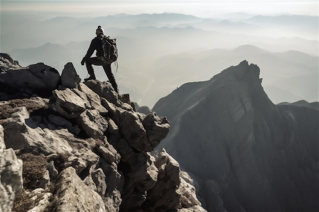 Wanderer auf einem Berggipfel. KI-generierte Inhalte