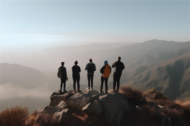 Wanderer auf einem Berggipfel. KI-generierte Inhalte