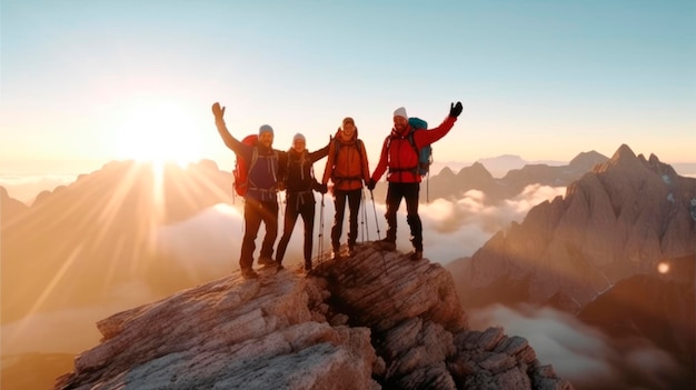 Wanderer blicken bei Sonnenuntergang auf einen Berggipfel. Aktives Leben, Reisen, Winterwandern, Naturkonzept