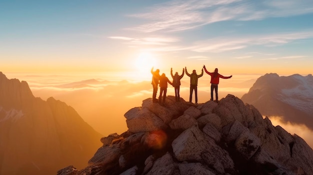 Wanderer blicken bei Sonnenuntergang auf einen Berggipfel. Aktives Leben, Reisen, Winterwandern, Naturkonzept