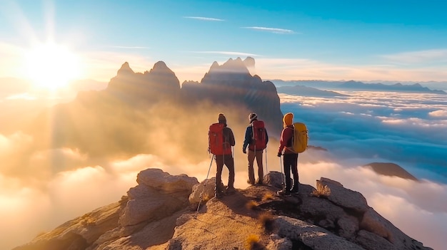 Wanderer blicken bei Sonnenuntergang auf einen Berggipfel. Aktives Leben, Reisen, Winterwandern, Naturkonzept