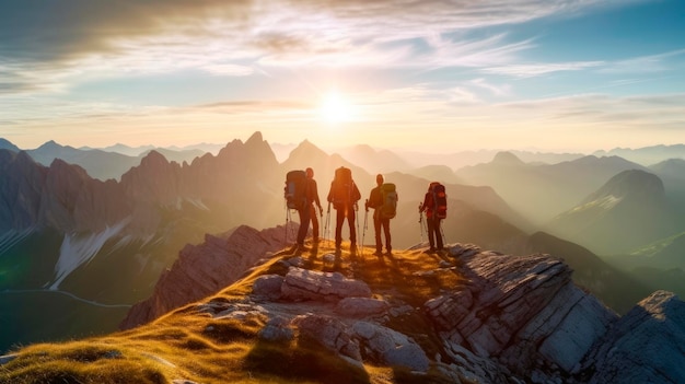 Wanderer blicken bei Sonnenuntergang auf einen Berggipfel. Aktives Leben, Reisen, Winterwandern, Naturkonzept