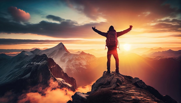 Wanderer, der den Erfolg auf einem Berggipfel in einem majestätischen Sonnenaufgang mit generativer KI-Technologie feiert