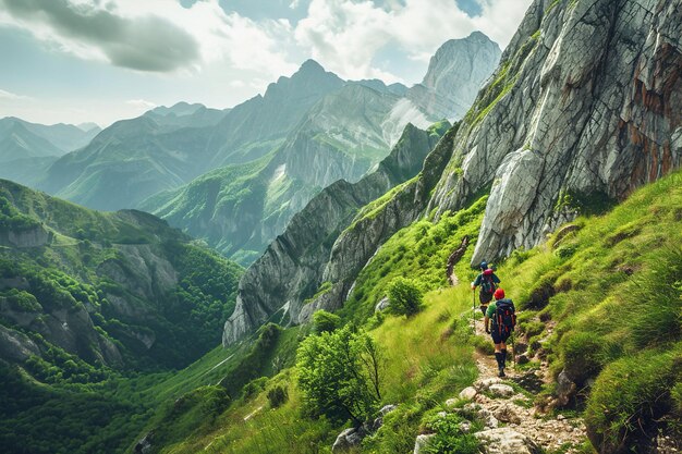 Wanderer durch Bergpfade hoch im Berg Naturlandschaft