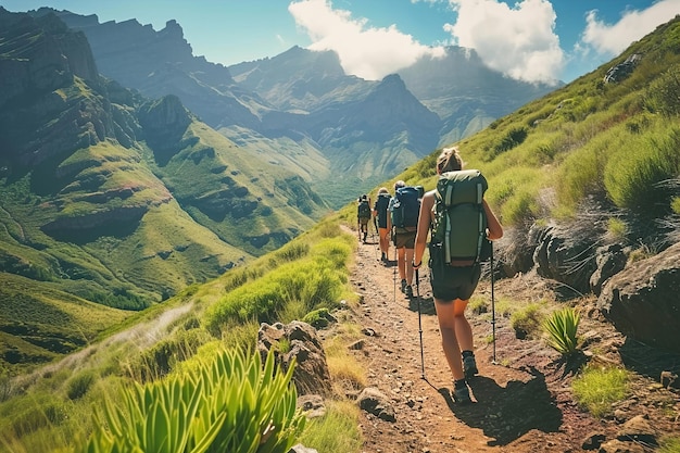 Wanderer durch Bergpfade hoch im Berg Naturlandschaft