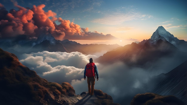 Wanderer genießen die Aussicht auf die Berge in der Dämmerung oder im Morgengrauen